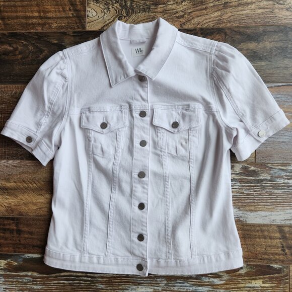 Wash Lab Puff Short Sleeve Denim Jacket Button-Up Pocket Stretch White - Picture 3 of 14